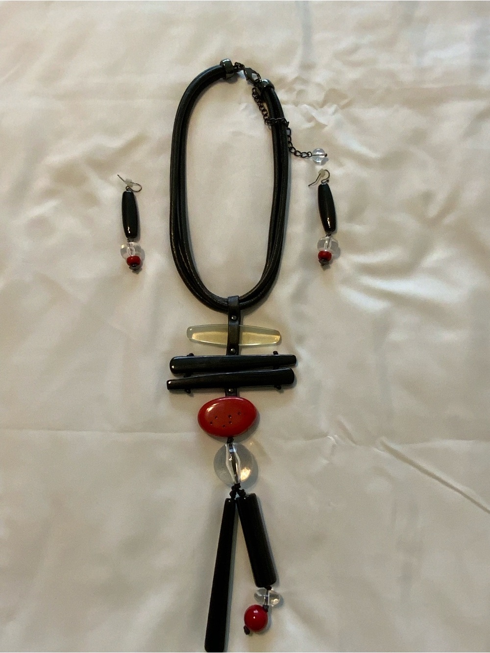 Chicos Statement Black and Red Pendant Necklace and Earrings Set